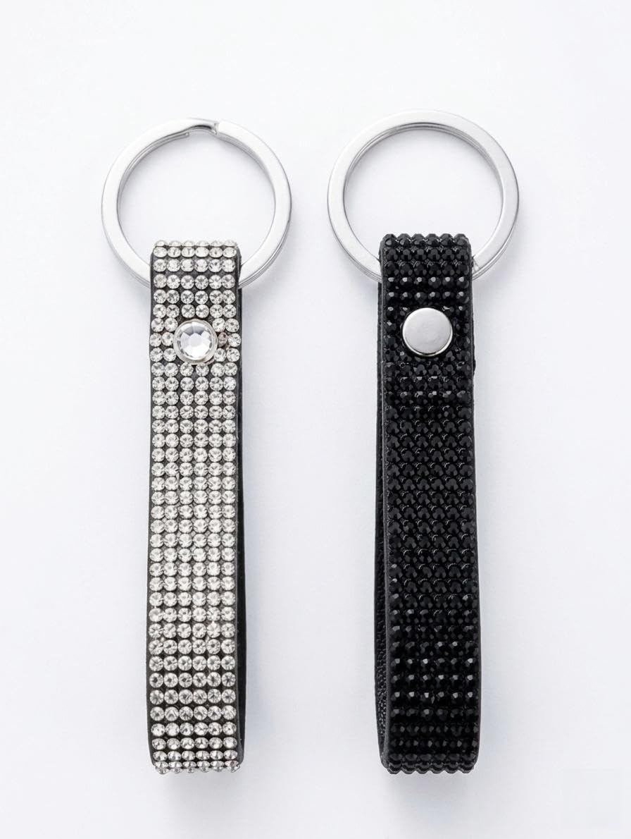Rhinestone Bling Keychain, Crystal Studded Strap Key Ring, Silver and Black, Set of 2-image-3