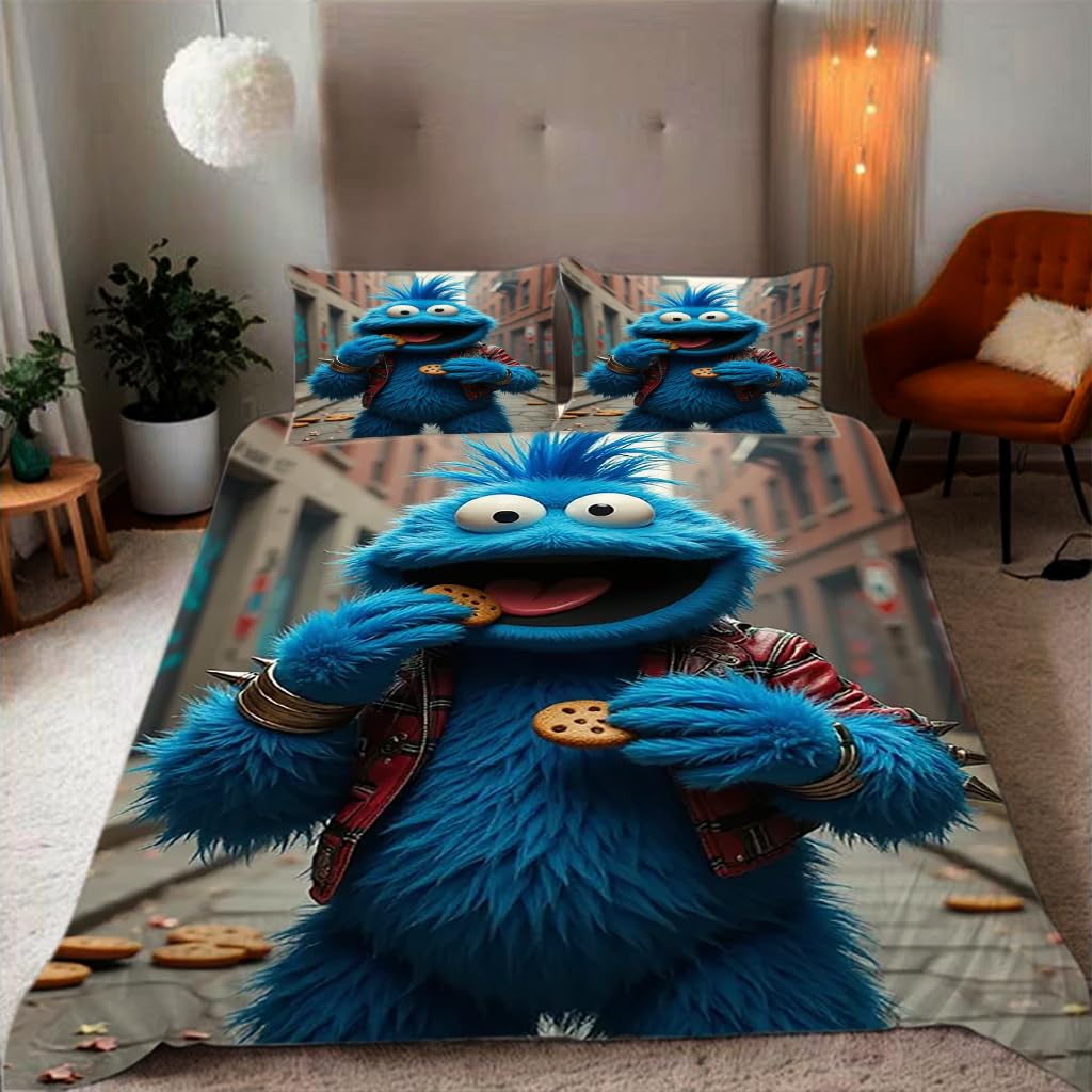 Zbeiba #6 Blue Cookie Monster Pattern Duvet Cover And Pillowcase,Microfiber Quilt Cove Single Bedding Set 3 Piece(135X200+2 * 50X75,)