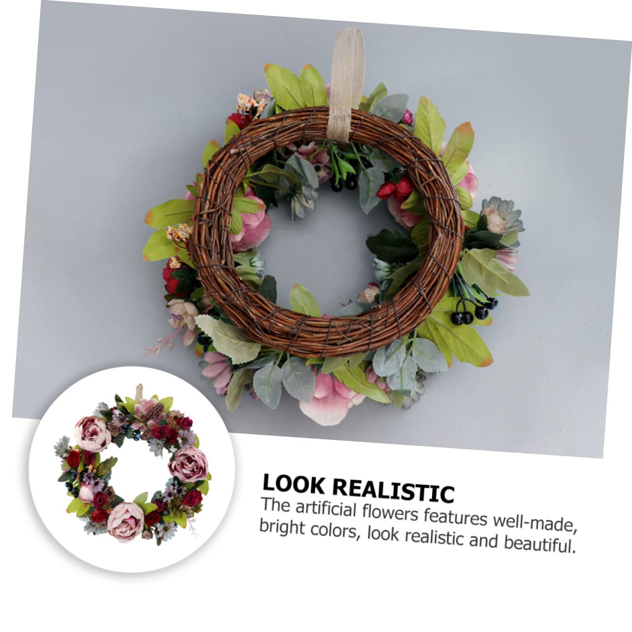 Corona di Peonie Artificiale Decorativa in Legno e Plastica per Casa