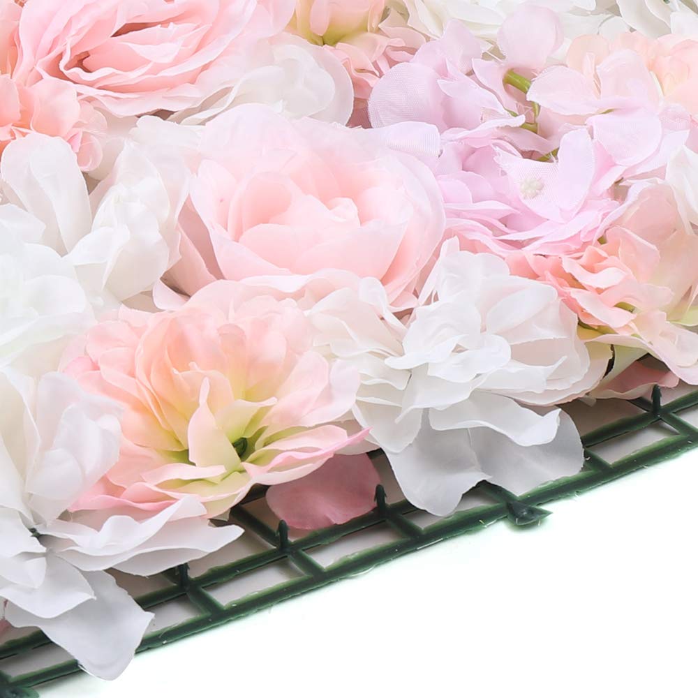12 Stücke Künstliche Blumenwand Panel 60×40cm, DIY Seidenblumen Kunstblumen Wanddekorationskulisse für Hochzeit Dekor Party Hintergrund (Hellrosa+Weiß Rose)