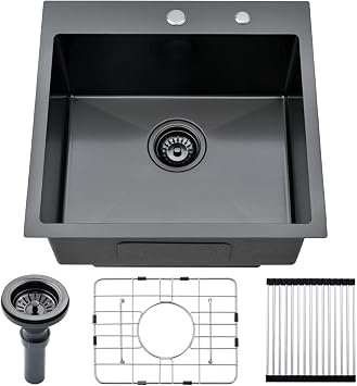 20-inch Drop in Kitchen Sink Black - VOKIM 20"x 19" Black Stainless Steel Single Bowl Handmade Small Kitchen Bar Sink 16 Gauge Kitchen Sink Brushed Nickel, With Dish Grid