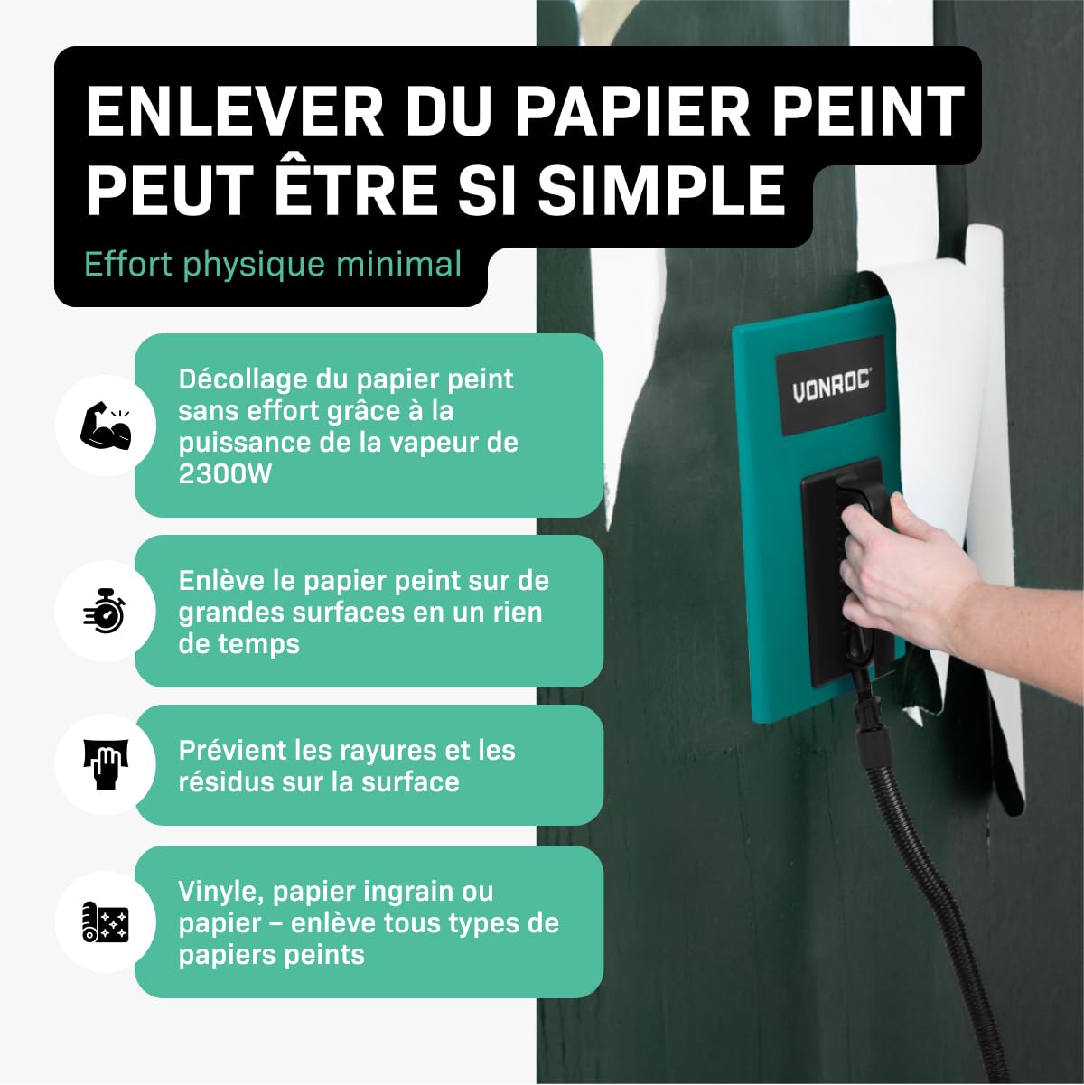 VONROC Décolleuse Papier Peint 2300 W – Réservoir 4,5 L – Tuyau 4 m – Spatule Incluse – Plaque Vapeur Standard et Compacte – Indicateur de Niveau d’Eau – Decolleuse Rénovation Murale Papier Chambre