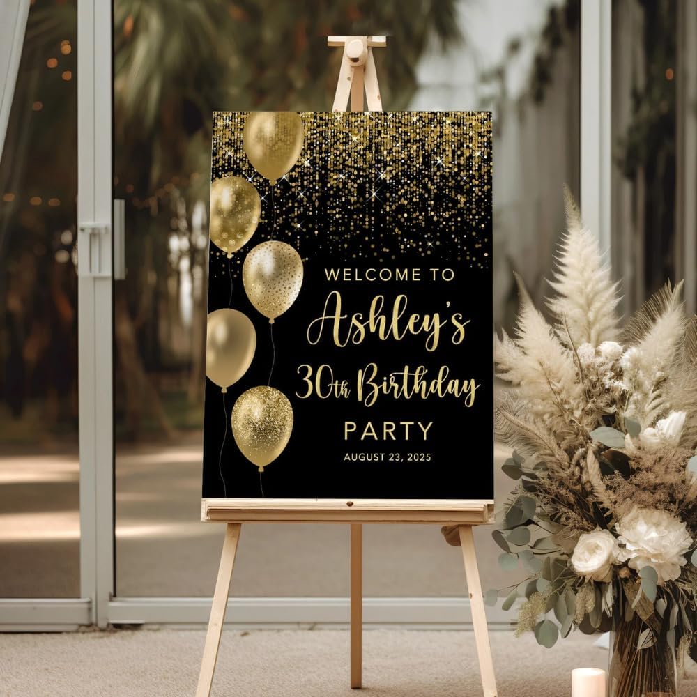 Generic Personalized Welcome Birthday Sign, Black And Gold, 30th Birthday, Balloons, 12x18, 27x18, 36x24, Luxury Modern Plastic Sign