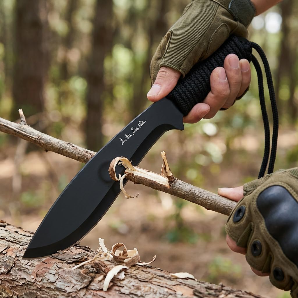 Jagdmesser mit Feststehender Klinge, Edelstahl, 25cm, Paracord Griff, mit Nylonscheide und Hängeleine, für Outdoor (schwarz)