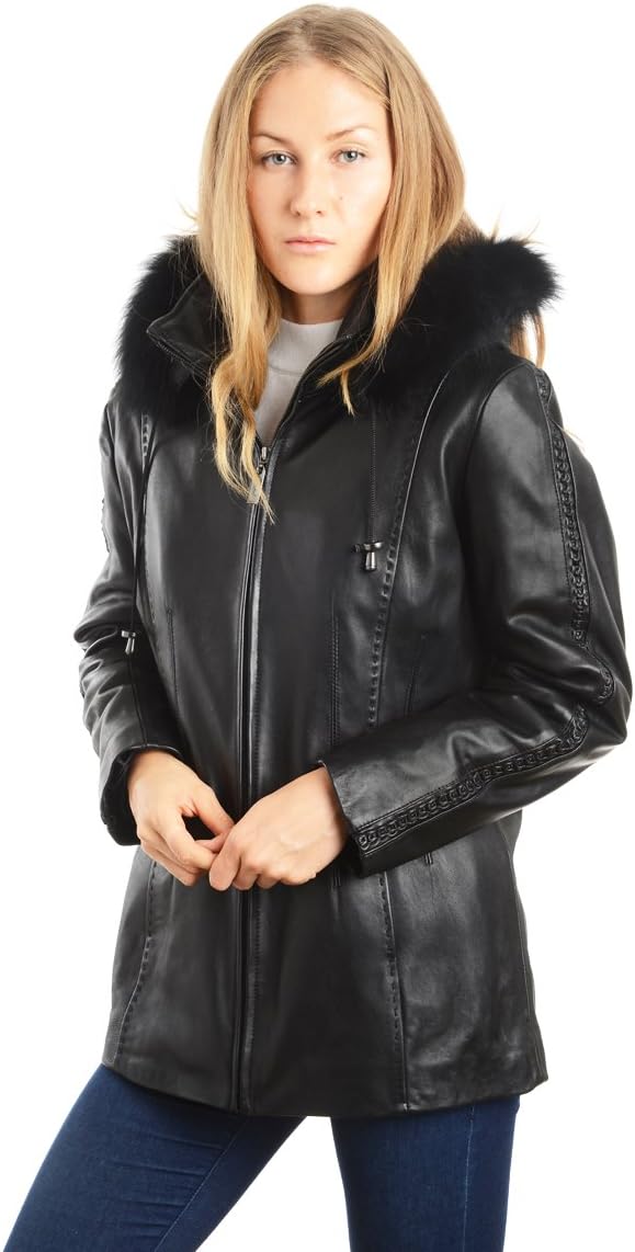 REED EST. 1950 Women’s 28" Leather Coat – Genuine Leather with Fox Trim Detachable Hood and Braided Trim