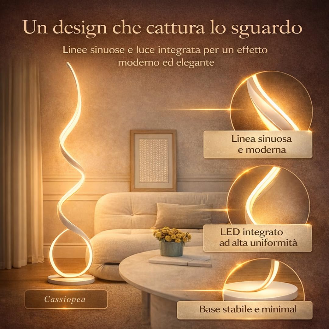 Arcadia Lampada da Terra LED Moderna a Spirale | Piantana Design Contemporaneo | Luce Calda/Fredda | Lampada Salotto Camera da Letto Studio, Arredo Interni Elegante 120 cm (Nero)