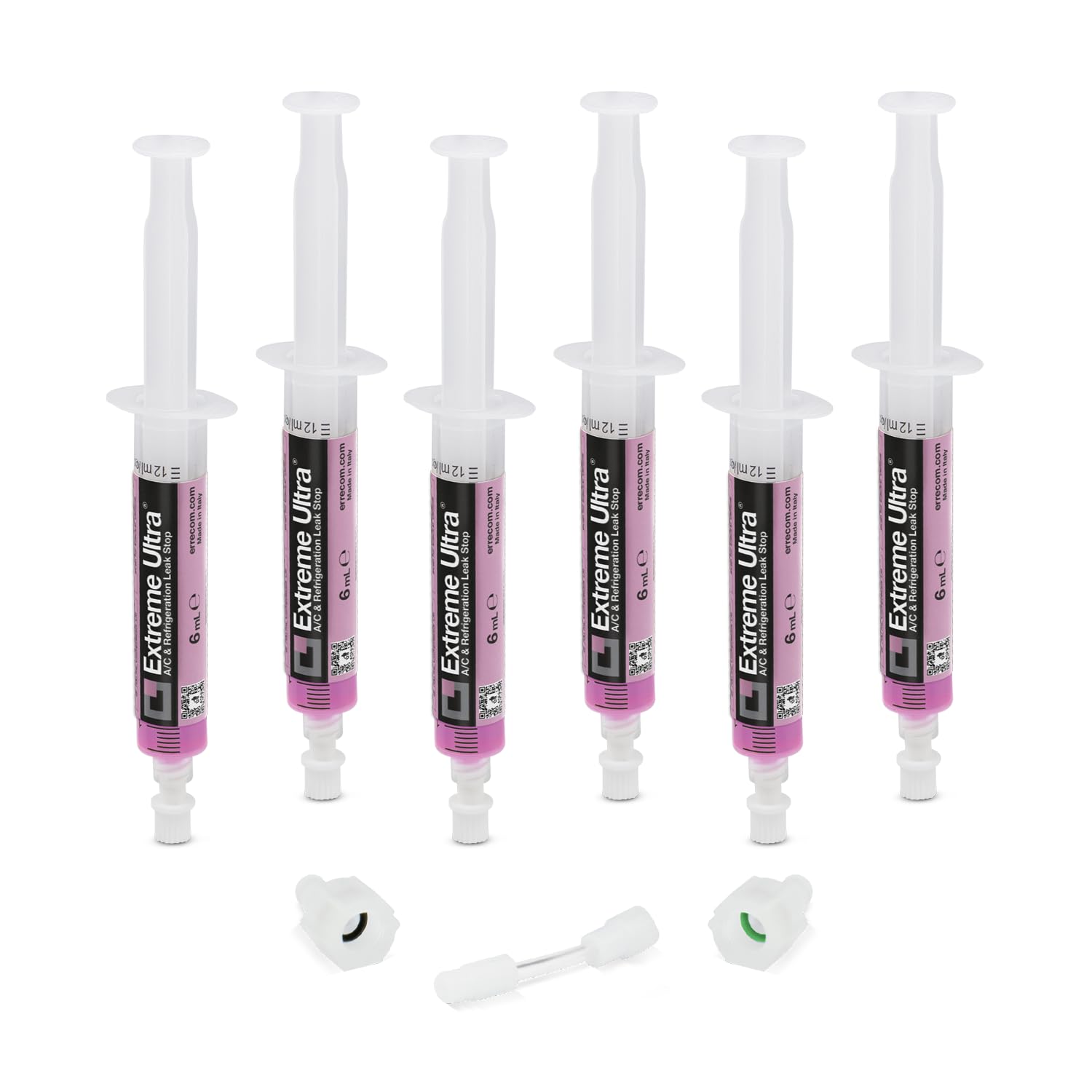 ERRECOM Extreme Ultra - 6 x 6mL, Air Conditioning and Refrigeration Leak Stop, Includes 1/4 SAE and 5/16 SAE (R410a, R32) adapters