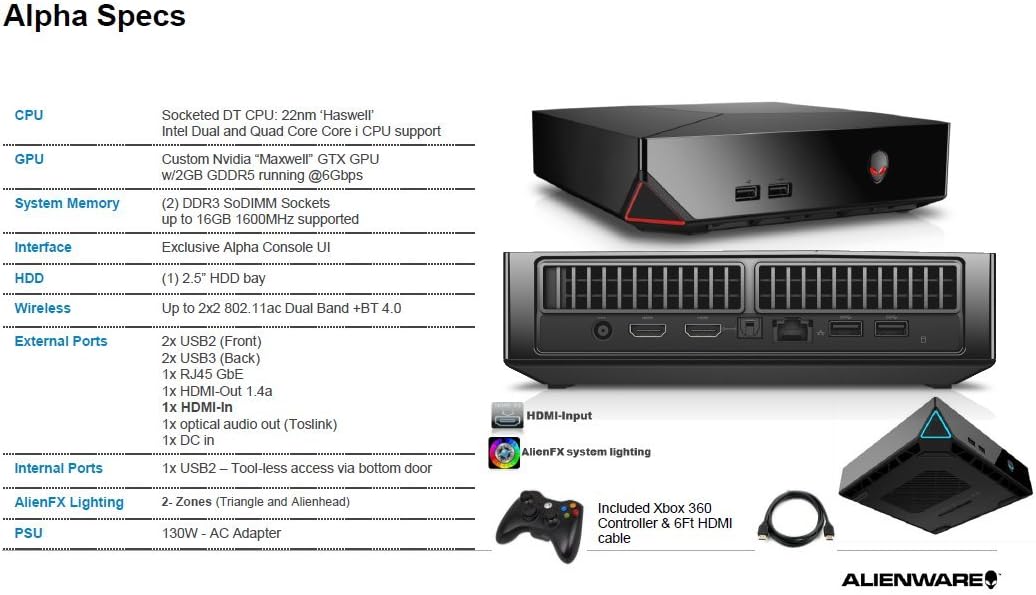 Alienware Alpha Intel Quad Core i7-4790K 4.0GHz 8MB Cache/16GB (2x8GB) DDR3-PC3-12800 1600MHz/1TB 5400RPM/GeForce GTX 860M 2GB GDDR5/WIN10 Elite Gaming Desktop Console