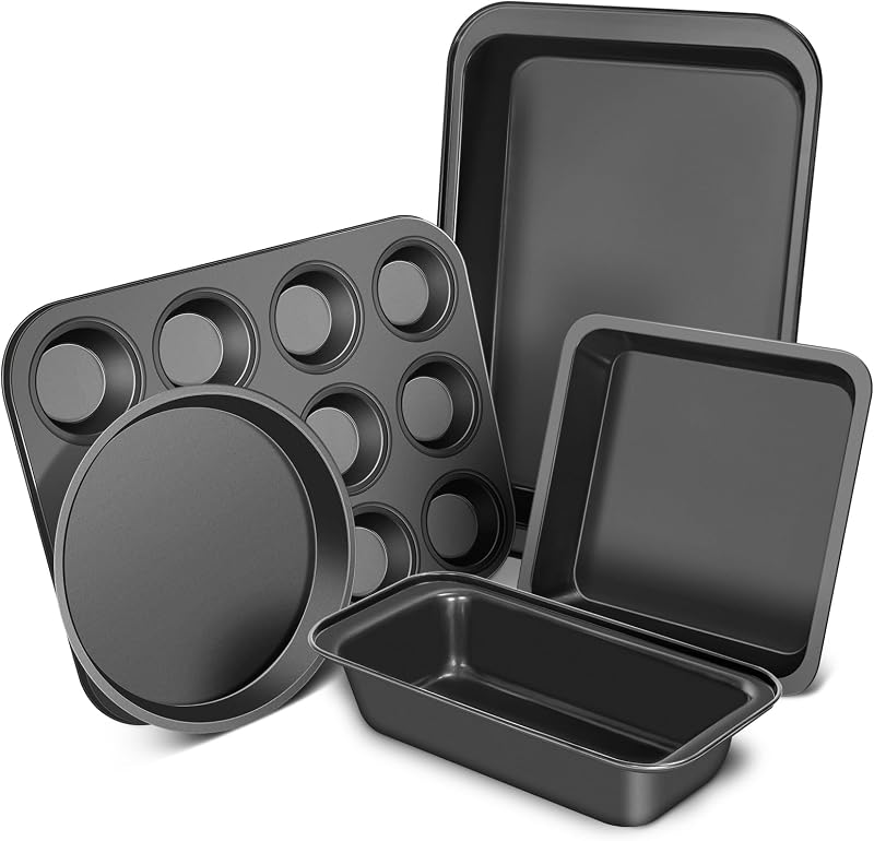 CasaCulina Juego de moldes para hornear, juegos de utensilios para hornear antiadherentes de 5 piezas, negro | Juegos de utensilios de cocina, suministros para hornear con molde para pasteles redondo/cuadrado, molde para asar panecillos, bandejas para horno, negro