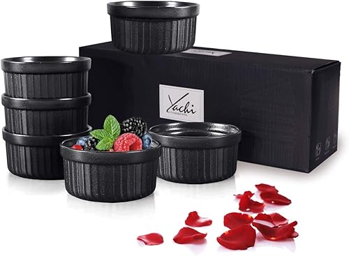 Miniatura 6 de Yachi Ramequines de soufflé negro juego de 6 piezas de cerámica para hornear de 4 onzas, apto para horno, para salsas, sopa de cebolla, pastel de