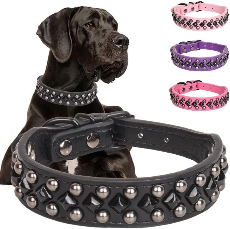 Studded PU Leather Dog Collars for Small, Medium, Large Dogs, Pitbull, Mastiff, Labrador, Boxer, Rottweiler, German Shepherd (Black, M)