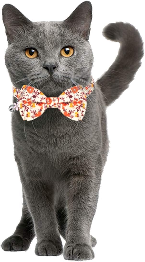 KUDES 2 Pack/Set Printed Cat Collar Breakaway with Bell Charms and Bowtie, Cute Kitten Bow Tie Collars for Kitty Puppies and Other Small Pets, Adjustable 7.8 to 10.5 Inch (Flowers Orange & Green)