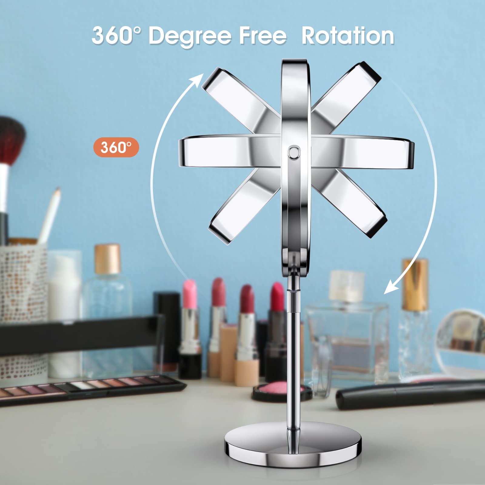 Kosmetikspiegel mit Licht, 20,3 cm, verbessert, Make-up-Spiegel, doppelseitig, 1 x 10-fache Vergrößerung, höhenverstellbar, Make-up-Spiegel mit Licht, 3-Farb-Beleuchtung, Touch-Sensor-Dimmung