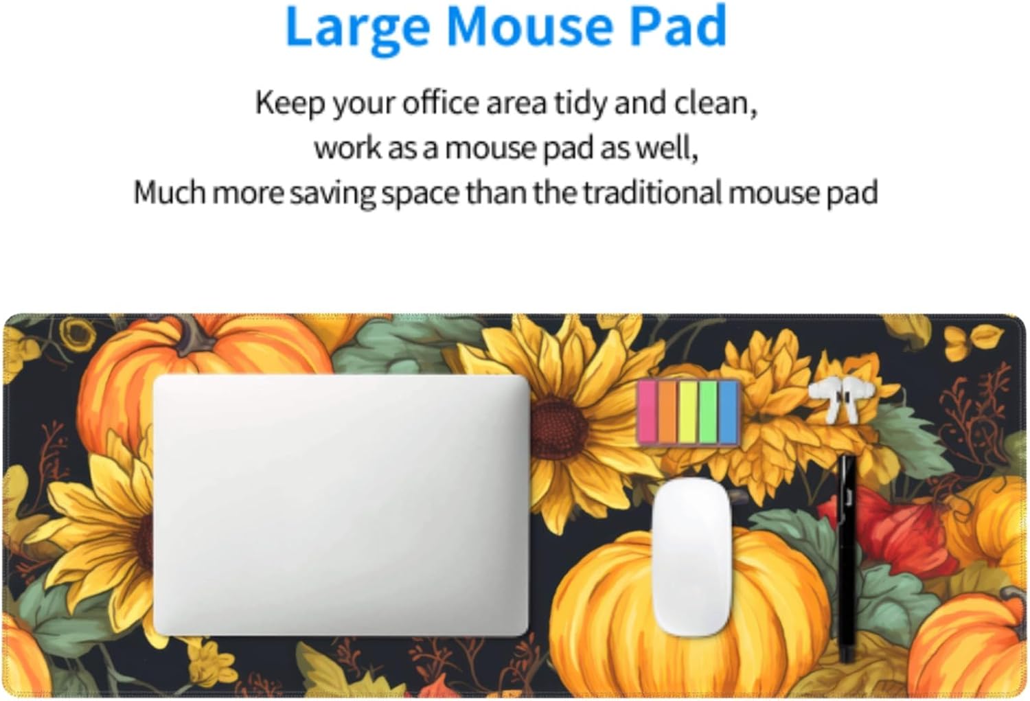 Fall Pumpkin Sunflower Mouse Pad 35.4x15.7 XXL Autumn Leaf Floral Watercolor Extended Mousepad Large Keyboard Mouse Mat Desk Pad with Non-Slip Rubber Base Stitched Edges for Home Office Game