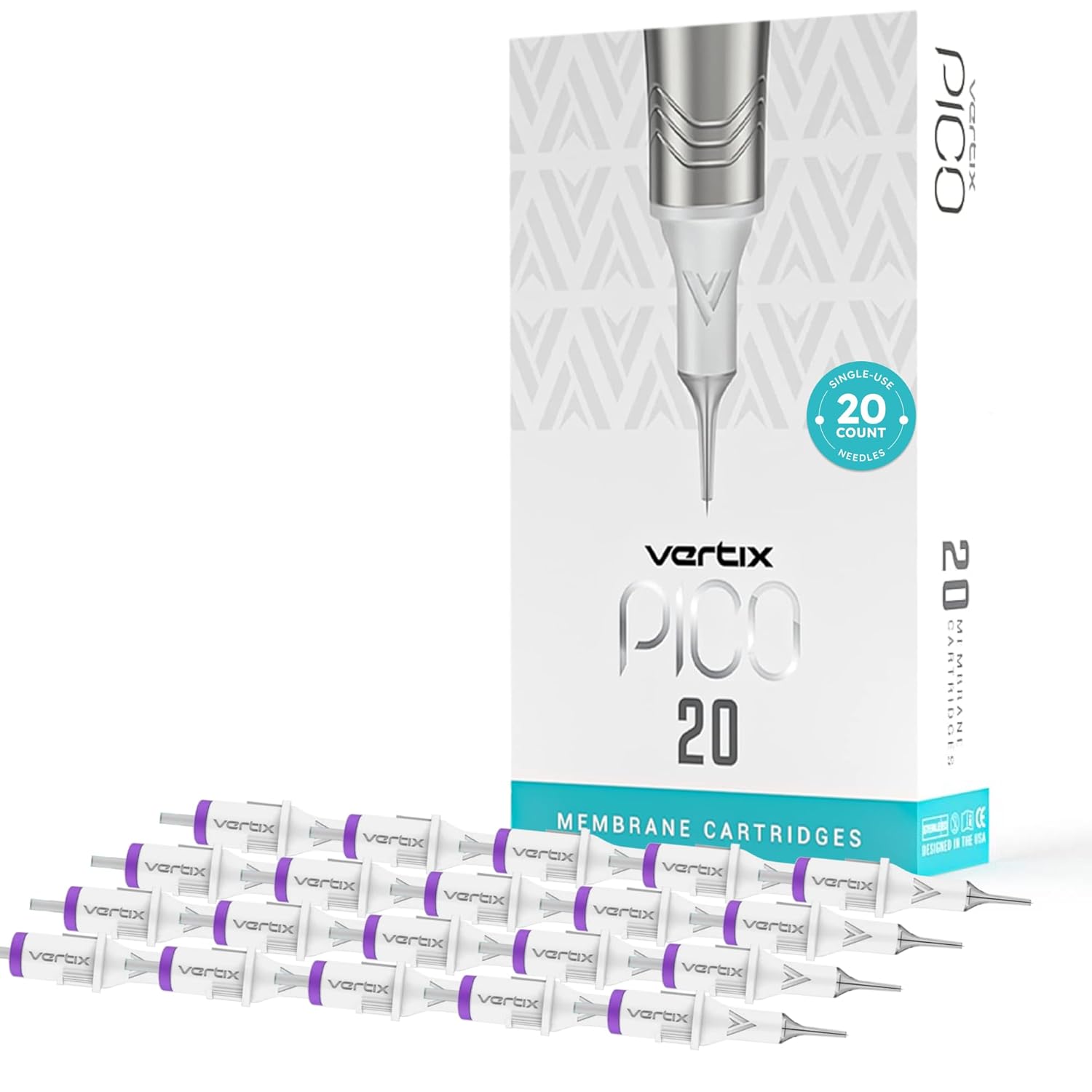 Vertix - Pico Membrane Cartridge Needles - 1 Round Liner - 0.38mm Long Taper - Maximize Ink Flow & Saturation (20 Count)