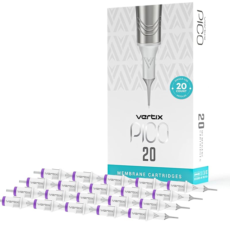 Agulhas em Cartucho para Tatuagem Vertix Pico Membrane Long Taper Textured 1 Round Liner 0,33 mm, Pacote com 20