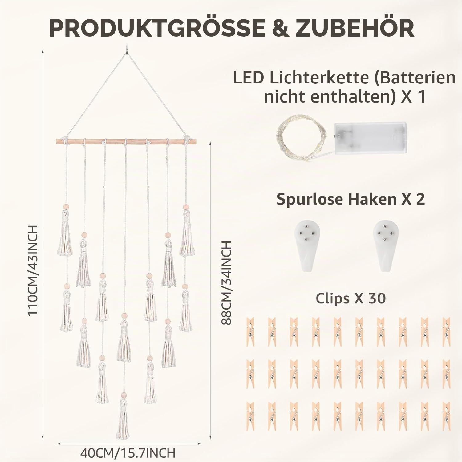 Fotos Aufhängen zum Aufhängen, Bildhalter mit 30 Clips für die Schlafzimmerwand, Organizer Foto Collage Wand Galerieaufhänger mit LED-Lichterkette, Raumdekoration, Geschenke für Mädchen (Weiß)