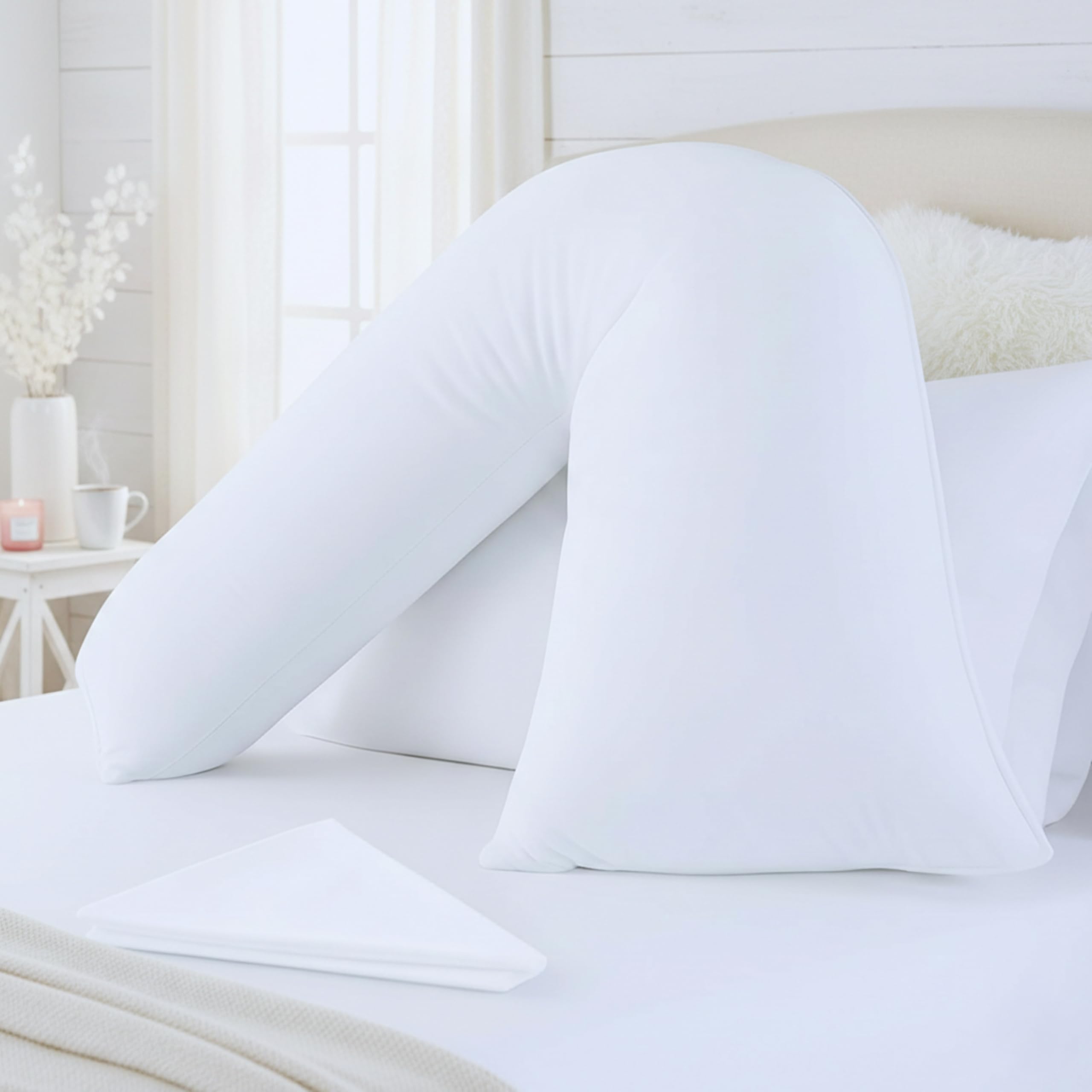 Universal Comfort White V Pillow With Pillowcase – Anti-Allergy V Shaped Pillows With Extra Filled Hollow Fibre For Ultimate Comfort - Ideal For Nursing, Maternity & Pregnancy – ( – 75 X 35Cm)