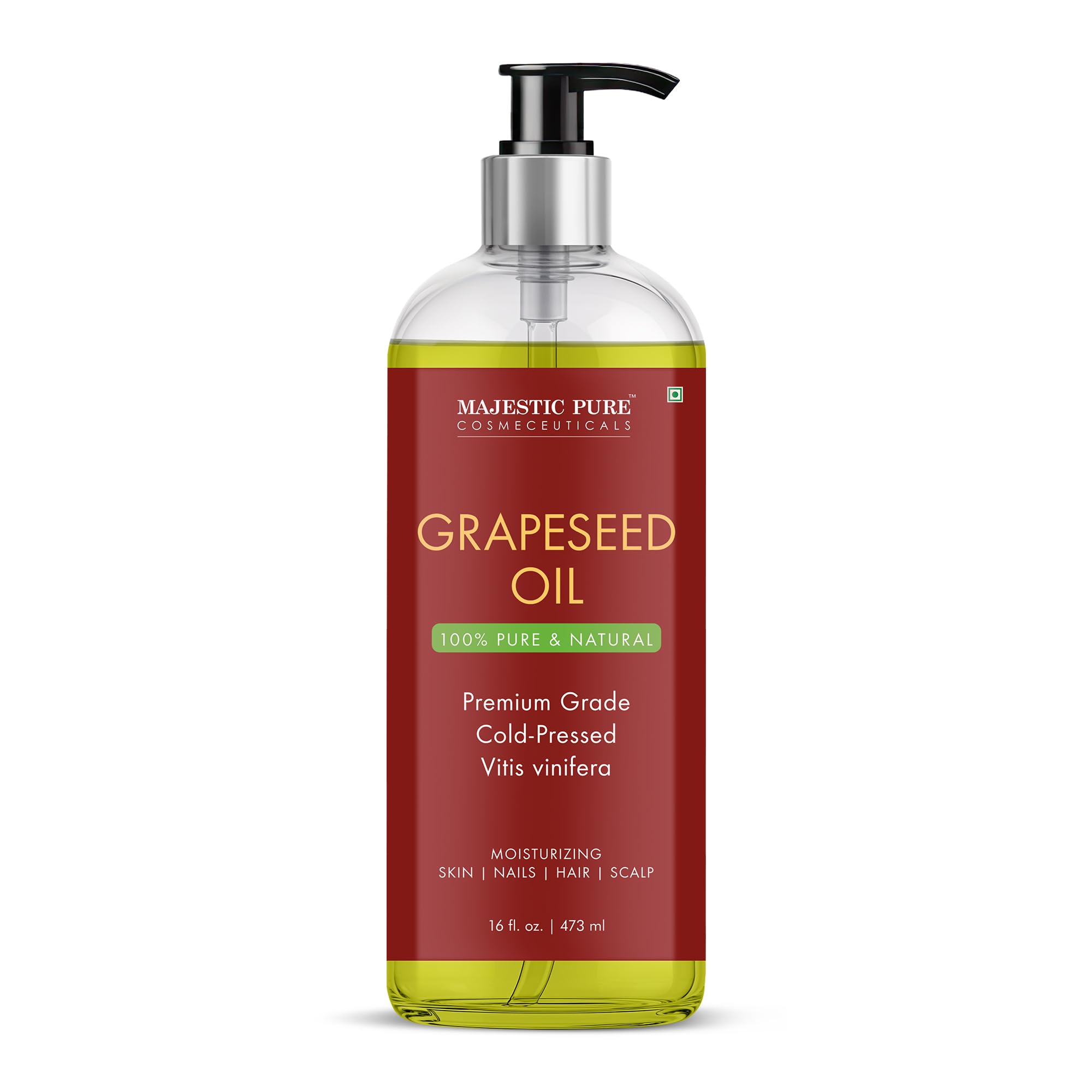 Majestic Pure Grapeseed Oil - 100% Pure & Natural - Premium Grade, Cold-Pressed, Hexane-Free Carrier Oil for Skin, Hair and Body - Moisturizing Skin, Hair and Scalp - 16 Fl Oz