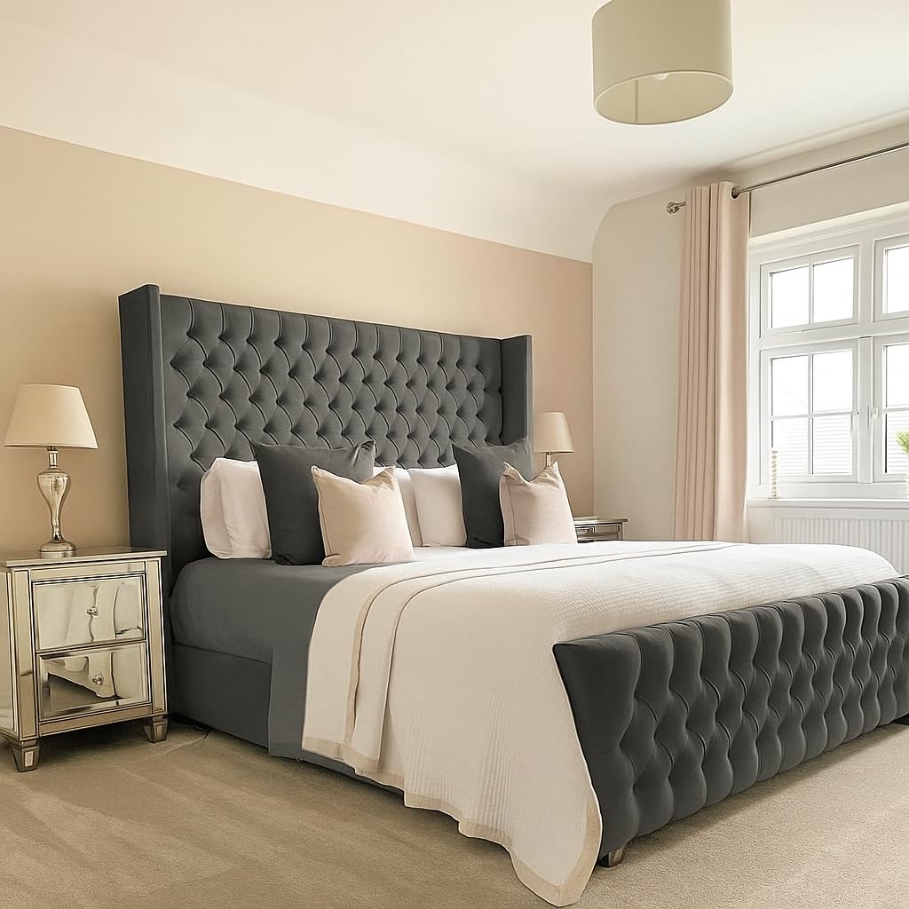 Bespoke Chesterfield Chelsea Wing Bed Frame - UK made - Single/Double/King/Super King Size Plush Velvet Fabric Upholstered (Steel Plush, Single 3ft)
