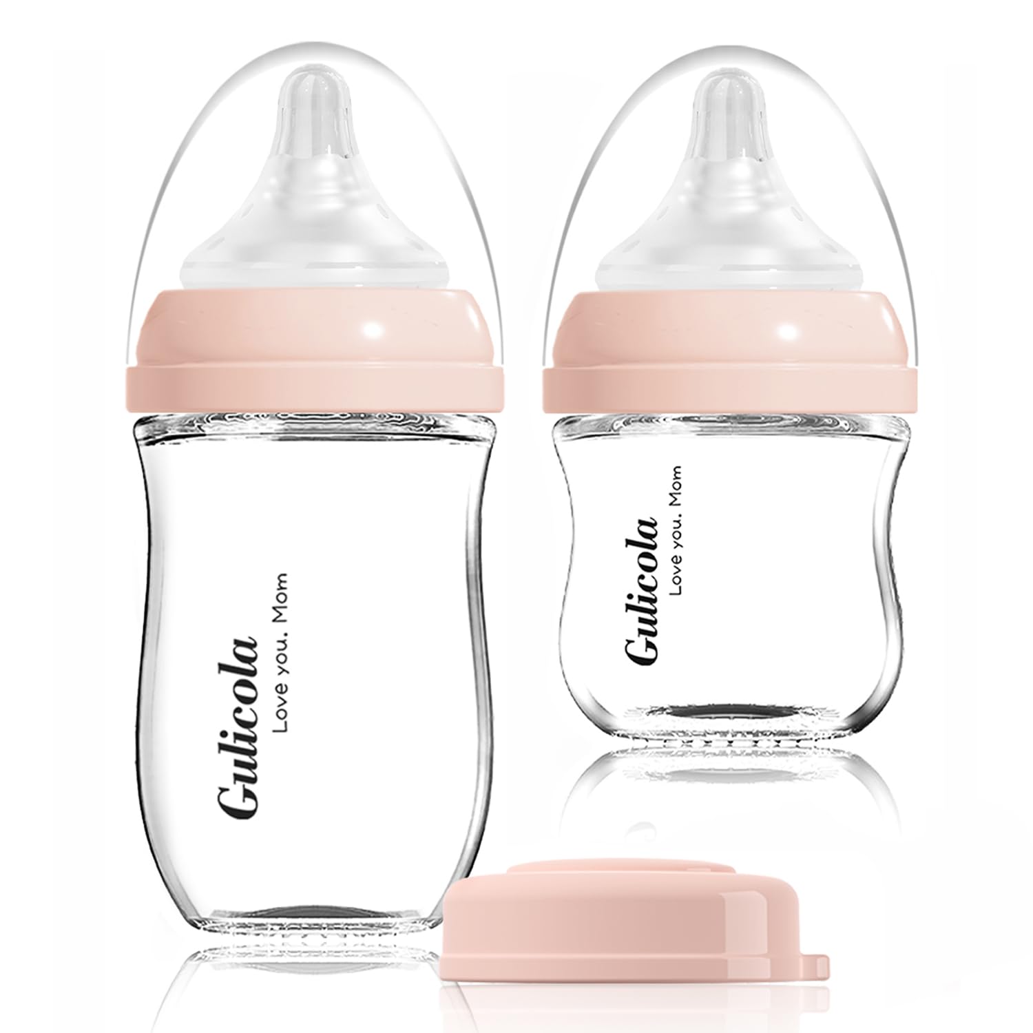 Natural Glass Baby Bottle Newborn Set, 3 oz and 5 oz with Extra Slow Flow & Slow Flow Nipple, Anti Colic, 0-3 Months, 2 Pack - Pink