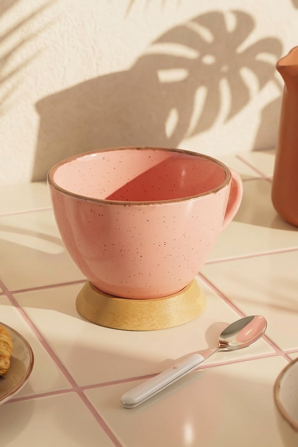 Tazza in porcellana con fondo in bambù, 300 ml, tazza da caffè con manico, tazza da tè per caffè, latte e tisane, ciotola da dessert, 11 cm, design screziato