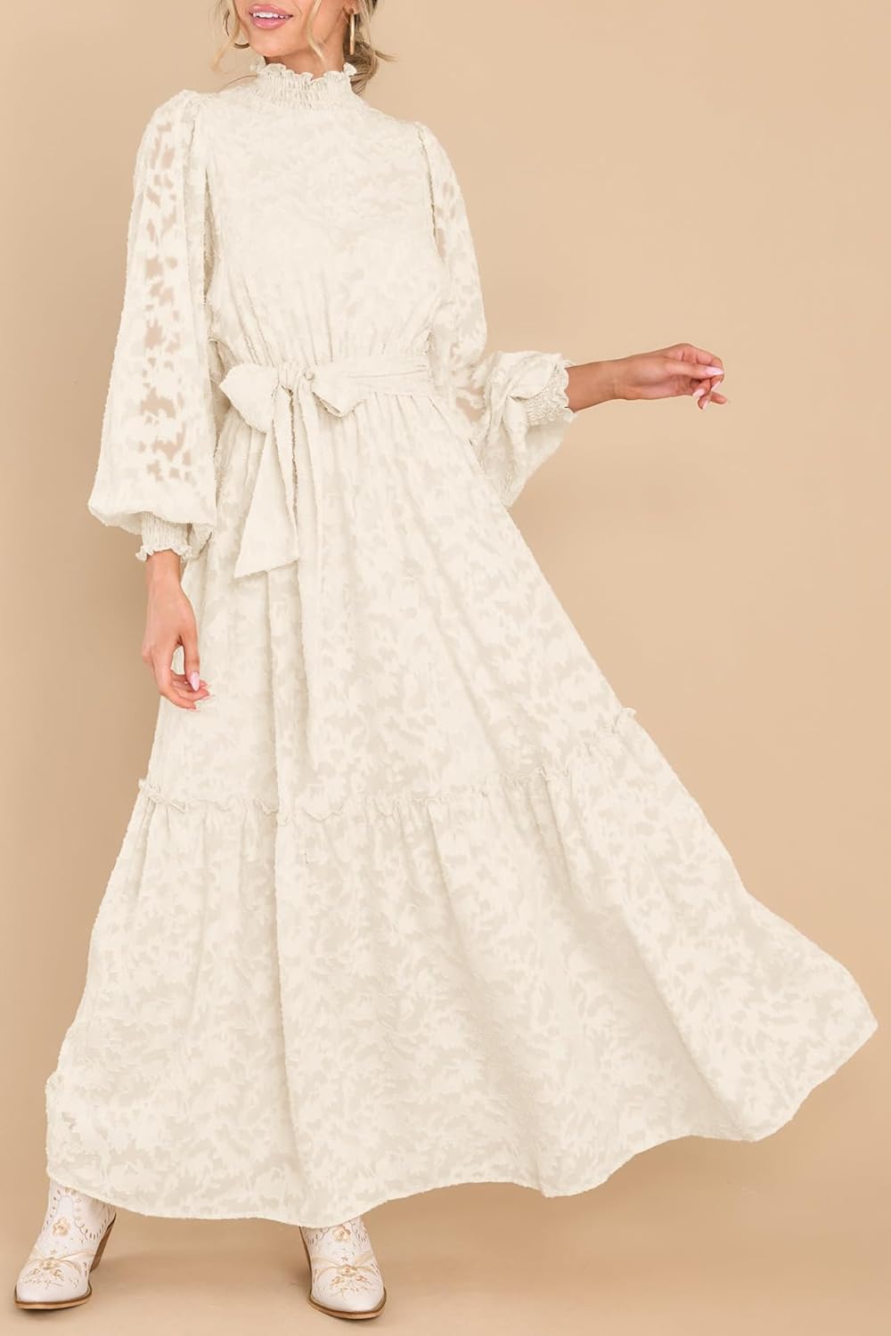 MITILLY Women's Fall Dresses Elegant Floral High Neck Long Sleeve Elastic Waist Formal Maxi Dress with Belt - Image 4