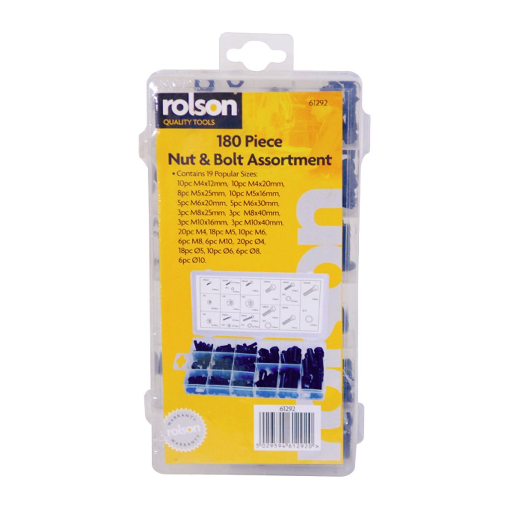 Rolson 180 Piece Nut & Bolt Assortment - Set 180Pc 220Pc 246Pc Nuts Bolts Washers Metric Assort M3 M4 M5 M6 M8 M10 Assortment