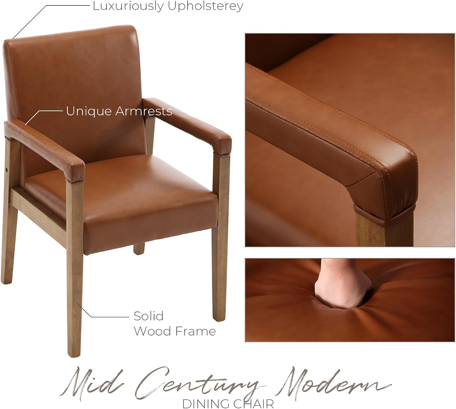 LZAREAL Mid Century Modern Dining Chairs Set of 2 Faux Leather Upholstered Living Room Side Chair, Kitchen Arm Chair with Solid Wood Legs for Home Kitchen & Restaurant, PU Brown