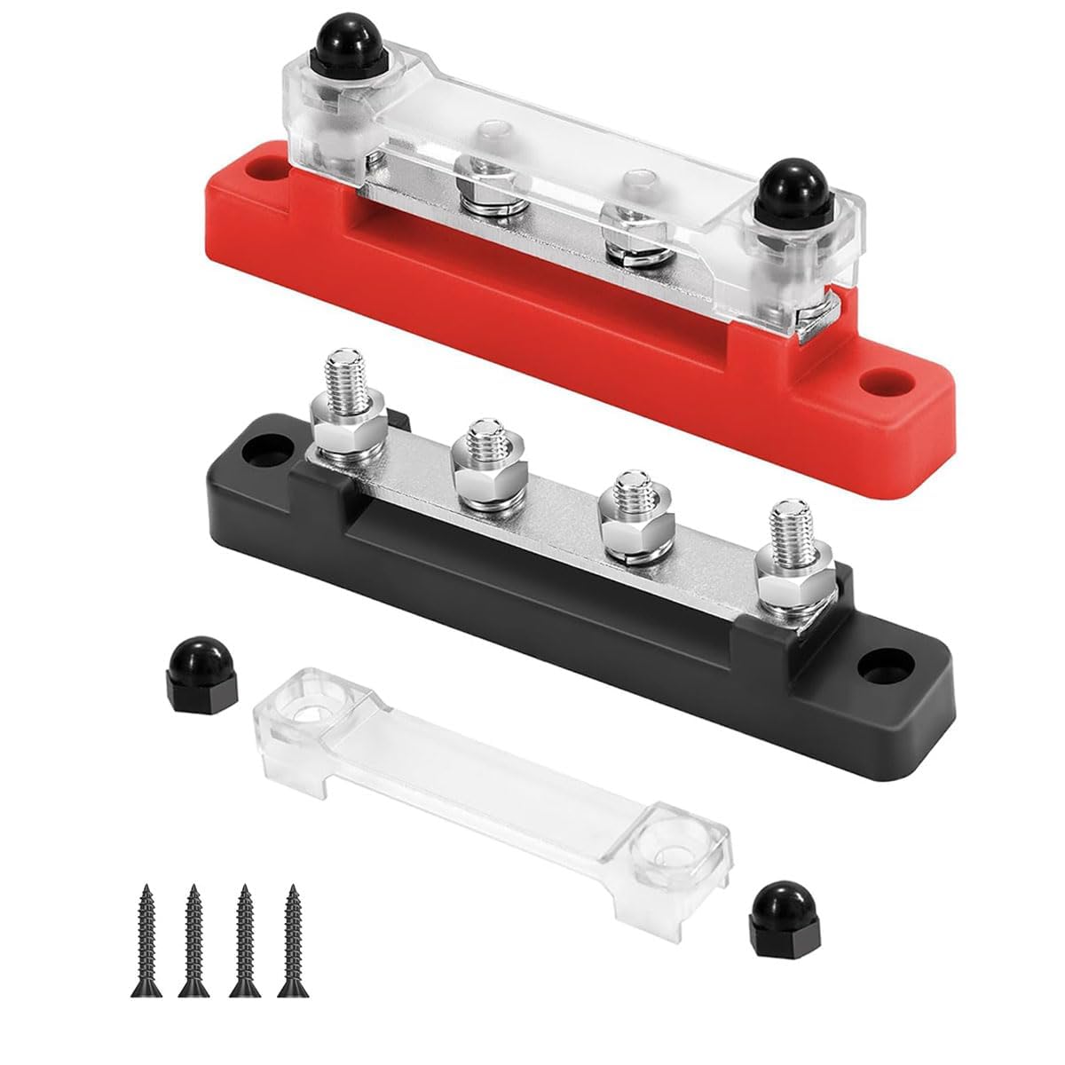 Alrens 2 sztuki szyn zbiorczych 12 V-48 V DC, blok rozdzielczy, szyna zbiorcza 150 A, blok rozdzielaczy 2-drożny z bolcem łączącym M6, do samochodów osobowych, ciężarowych, jachtów, czerwony, czarny,
