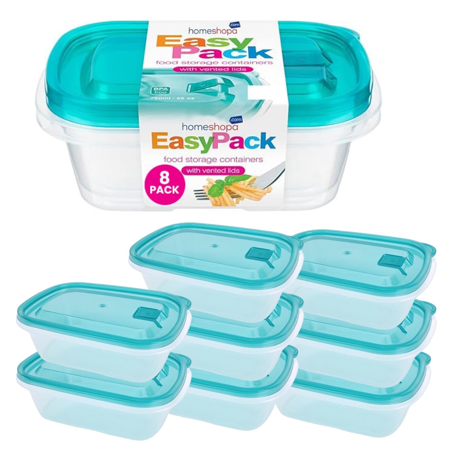 HOMESHOPA Plastic Food Storage Containers with Vented Lids, 8 Pack Leak Proof BPA Free Stackable, Microwave Freezer Dishwasher Safe, Reusable Airtight Meal Prep Lunch Boxes, 750Ml/25 Oz
