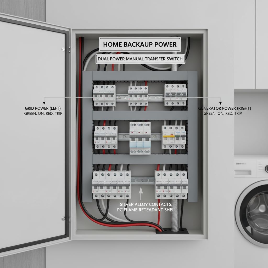 63A Manual Transfer Switch 3P 400VAC DIN Rail Mount Dual Power Interlock Circuit Breaker Isolating Switch with Overload and Short Circuit Protection for RVs, Homes, and Generator Backup