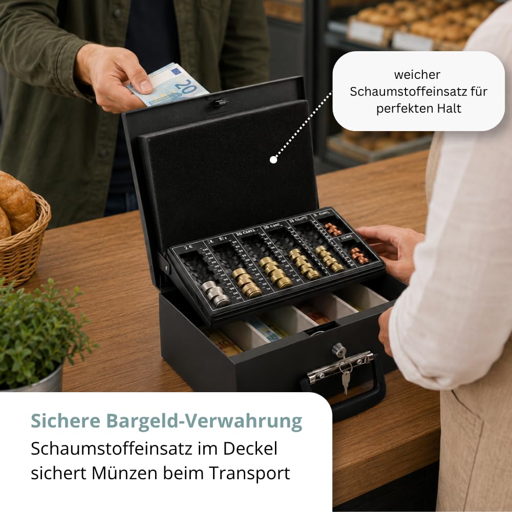 hjh OFFICE Geldkassette SAFE I – Abschließbare Stahl-Geldkassette mit Euro-Münzbrett, Banknotenfächern und Tragegriffen, für Bargeld, 35,5 x 27,5 x 10,5 cm
