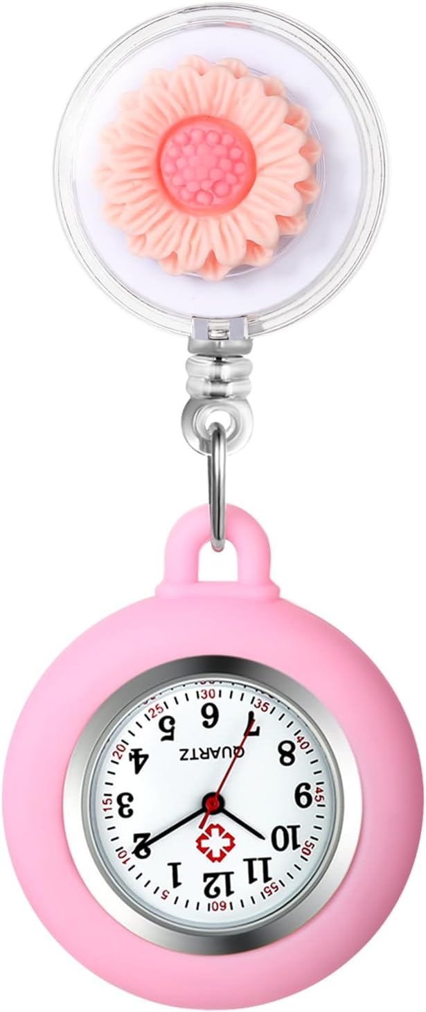 Avaner Women’s Retractable Nurse Watches: Clip-on Hanging Lapel Colorful Flower Pattern Silicone Fob Pocket Watch