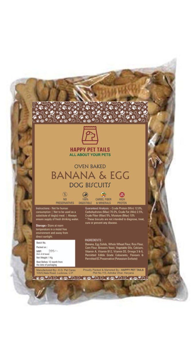 HAPPY PET TAILS Adult Dog Biscuits 1KG Pack | Suitable for All Dog Breeds| (Adult Banana & Egg Biscuits)