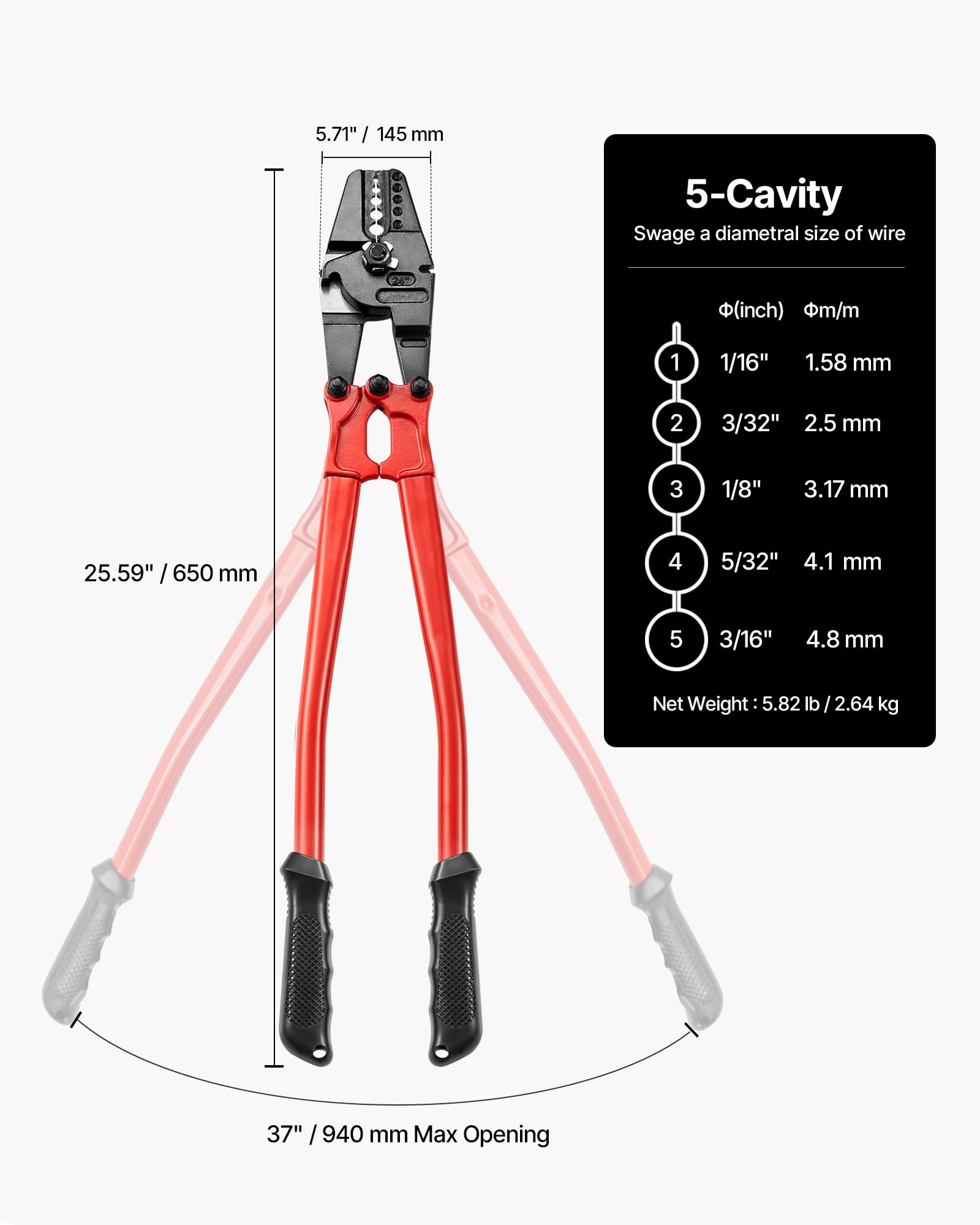 VEVOR Pince à Sertir Professionnelle 24", Pince Coupe Câble Acier Allié, Pince à Sertir 5 Rainures pour Manchon 1/16'', 3/32'', 1/8'', 5/32"et 3/16" pour Sertissage, Manchon de Boucle/Duplex