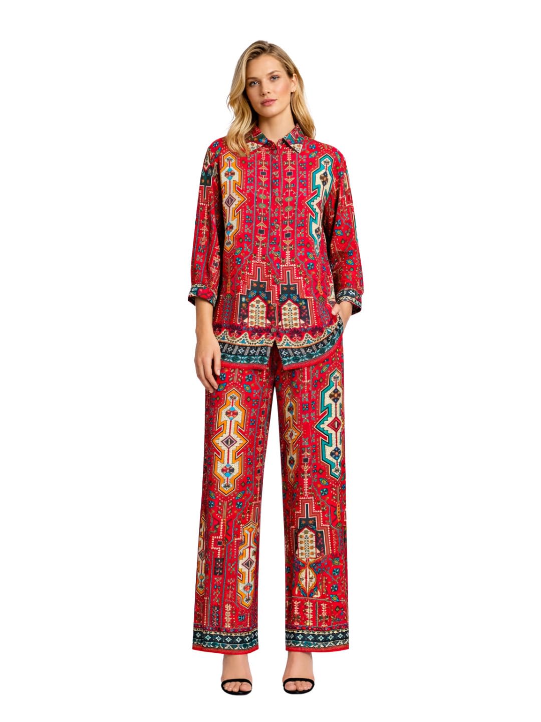 Women Red Printed Rayon Co Ord Set Stylish Shirt Pant Set Casual Ethnic Trendy Outfit-image-26