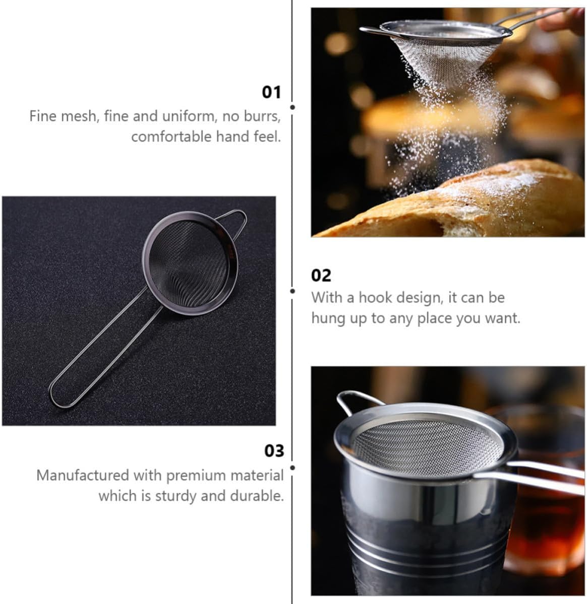 VOSAREA Triangle Stainless Steel Cocktail Strainer with Comfortable Hand Feel and No Burrs, Polished Residue Filter for Bar and Club Use, Creative Black Mesh Straining Tool