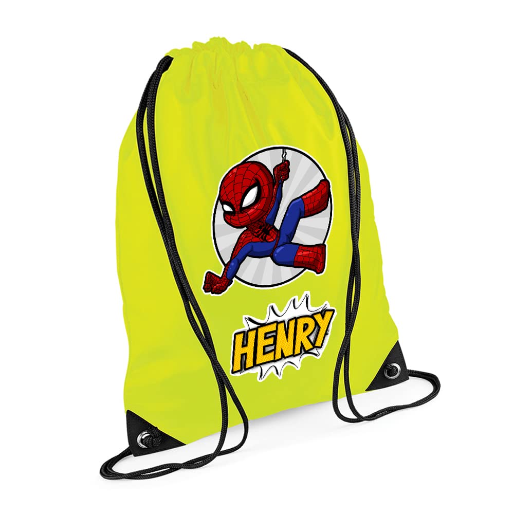 Superhero Bag, Personalised Backpack, Gift For Kids, Boy, Cartton Character Bag, Birthday, Christmas Drawstring Bag, PE Gym Kit Swimming, Sport Rucksack. (Fluorescent Yellow)