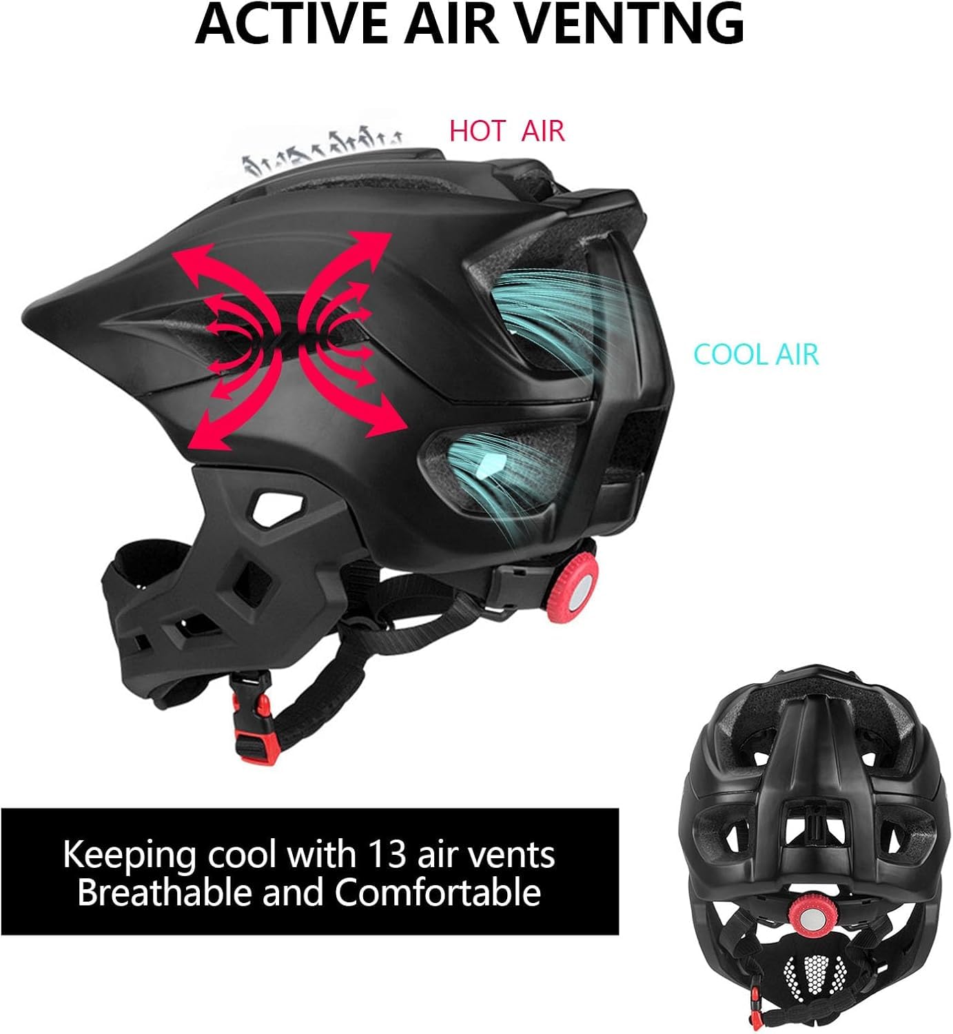 Casco da bicicletta per bambini 2 in 1, con protezione per il mento, per skateboard e bicicletta, leggero casco da mountain bike, rimovibile, per BMX, Dirt Bike (nero)