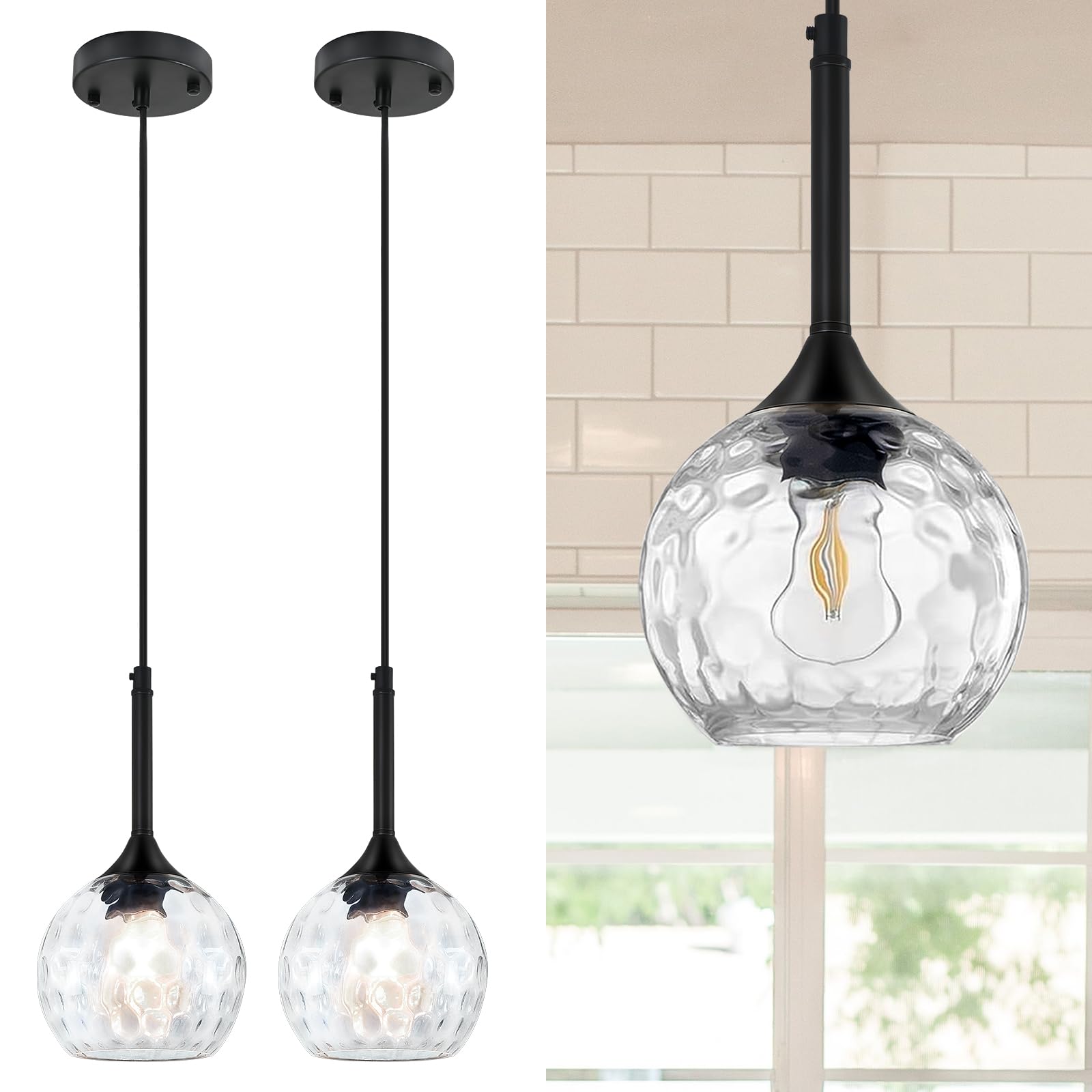 JHLBYL 2-Pack Hammered Glass Pendant Lights