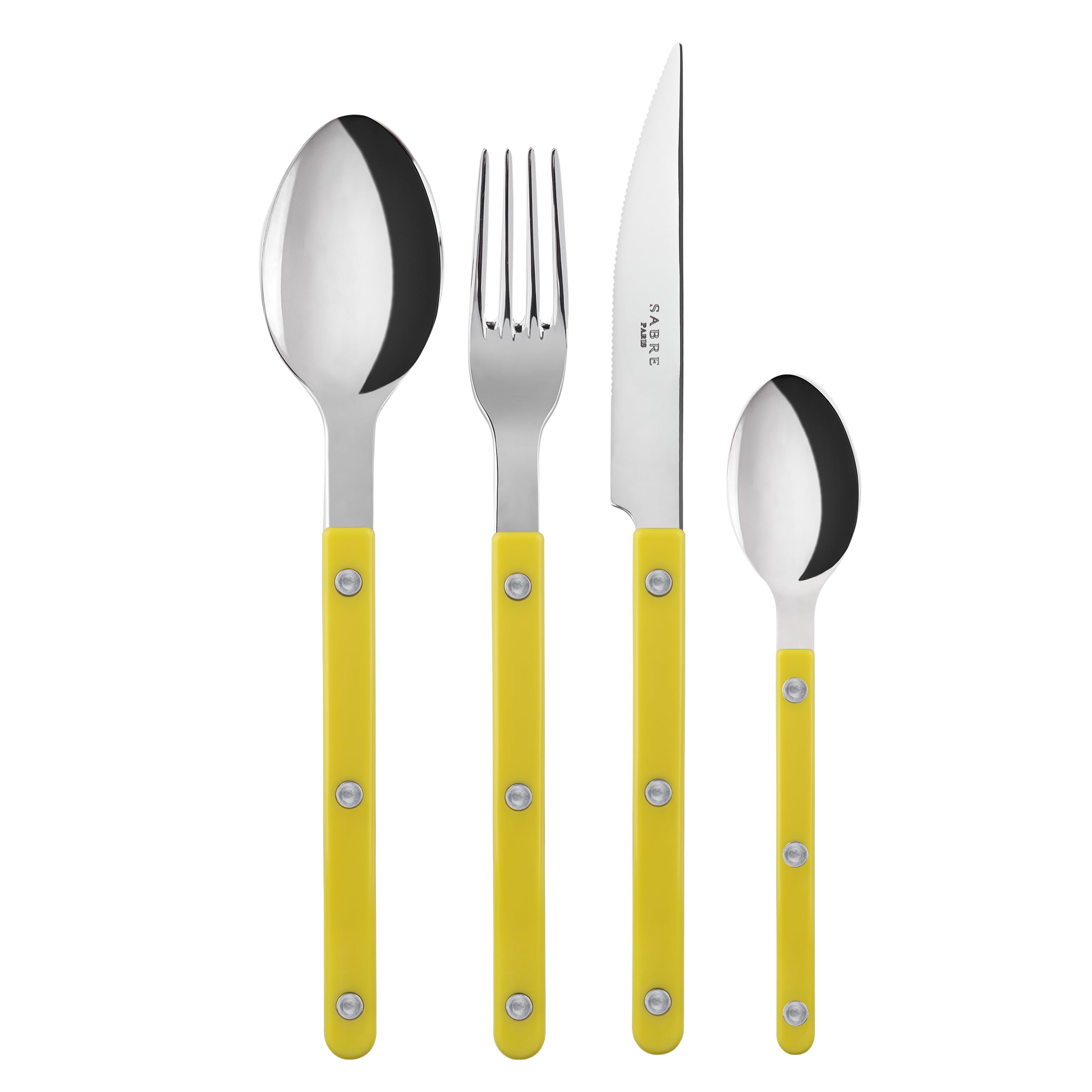 SABRE PARIS - Servizio di posate 4 pezzi - Bistrot - Coltello, forchetta, cucchiaio e cucchiaino - Acciaio inox e nylon - Va in lavastoviglie - Giallo