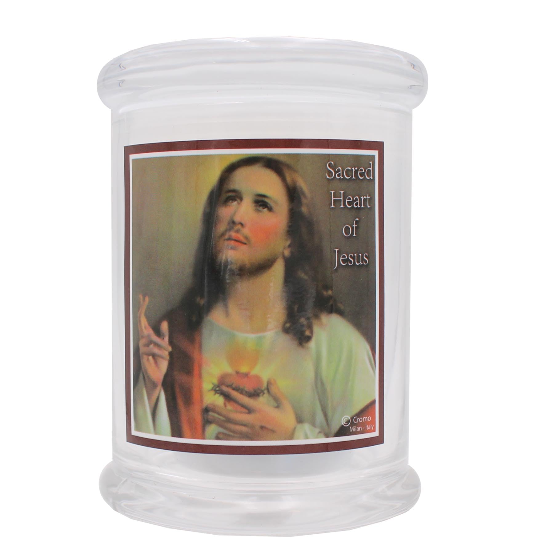 Religious Devotional LED Candle with Prayer in 10cm Glass Jar - Suitable for Indoor and Outdoor Use (Sacred Heart of Jesus 8901)