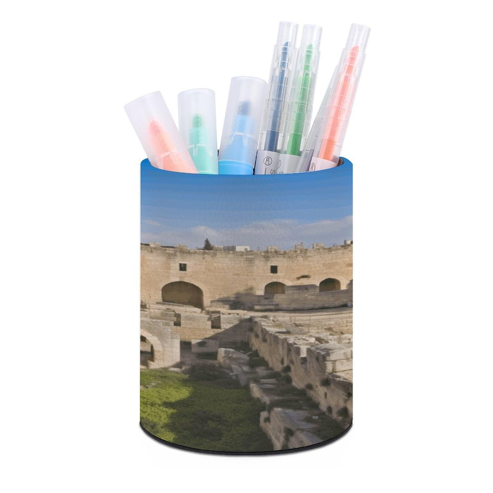 VstaDank Israel at The Tower of David Pen Holder Leather Pencil Cup Round Pencil Holder for Desk Organizer Personalized Pen Cup Fashion Pen Organizer Makeup Brush Holders for Office Home&Gift