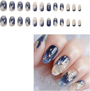 press on nails french almond kurz gelnägel nägel zum aufkleben 3D Universalsternhimmel design 24ps künstliche Fake Fingernägel mit Nagelkleber set für Frauen & Mädchen biau coloré Einzigartig