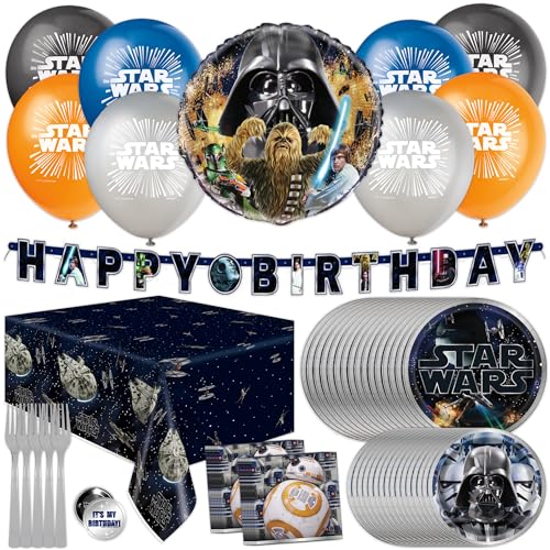 Star Wars Birthday Decorations | Serves 16 Guests | Star Wars Party | Balloons, Banner, Tablecloth, Plates, Napkins, Forks, Button