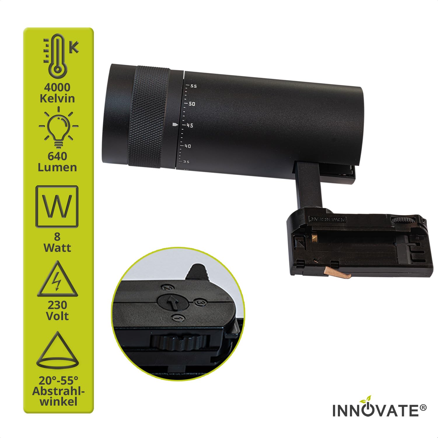 INNOVATE Faretto LED a 3 fasi, focalizzabile, 8 W, 20-55°, 4000 K, 3 fasi, colore nero, faretto a binario a LED, 3 fasi, orientabile, NW