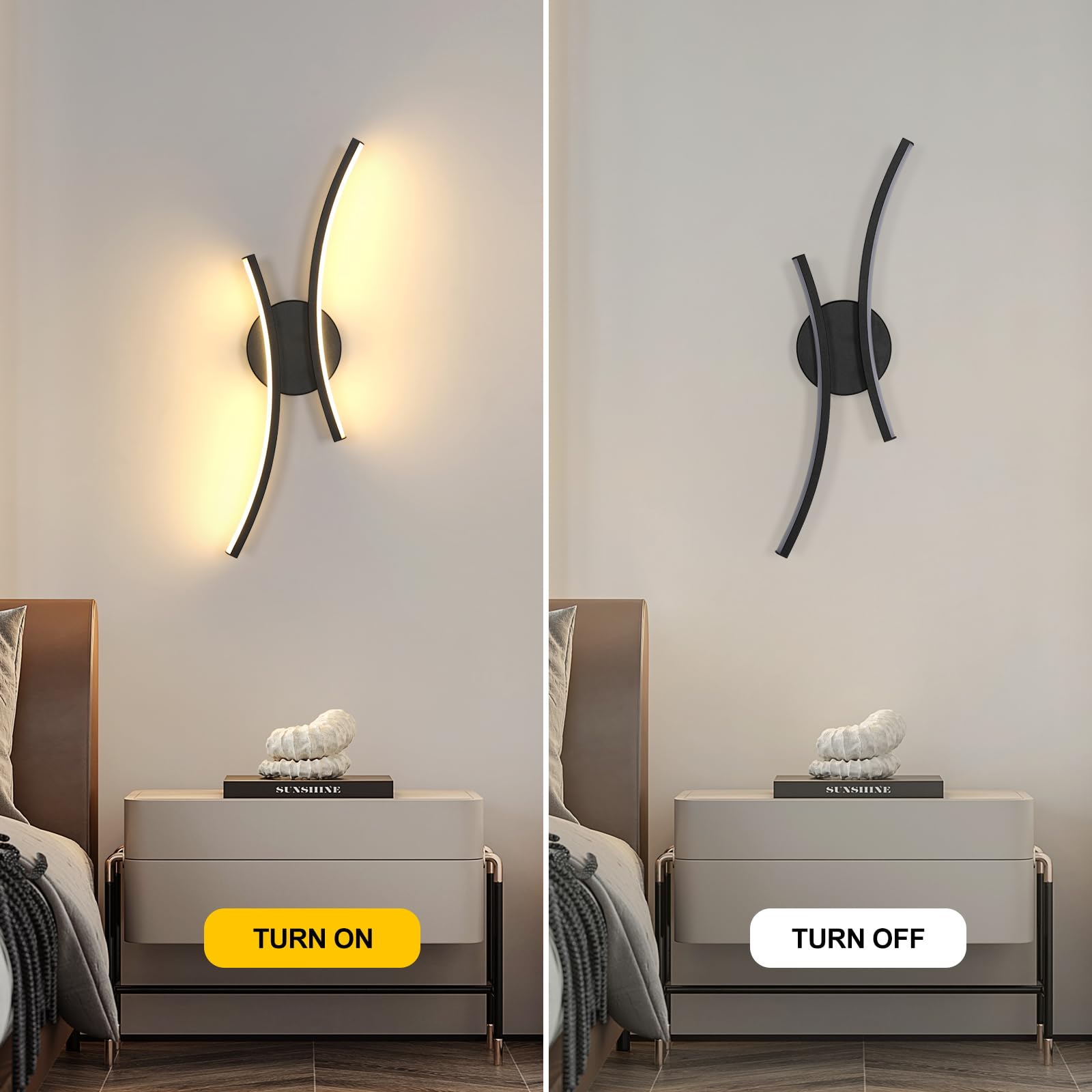 Goeco Modern LED Wall Light, 20W Black Indoor Wall Lamp with 2 LED Strips, 3000K Warm Light - Image 4