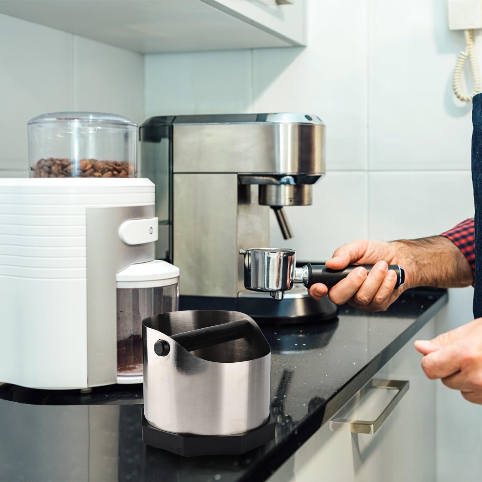 Contenitore per colino Knock Box grande capacità 1,8 l, con fondo antiscivolo, per caffè (argento)