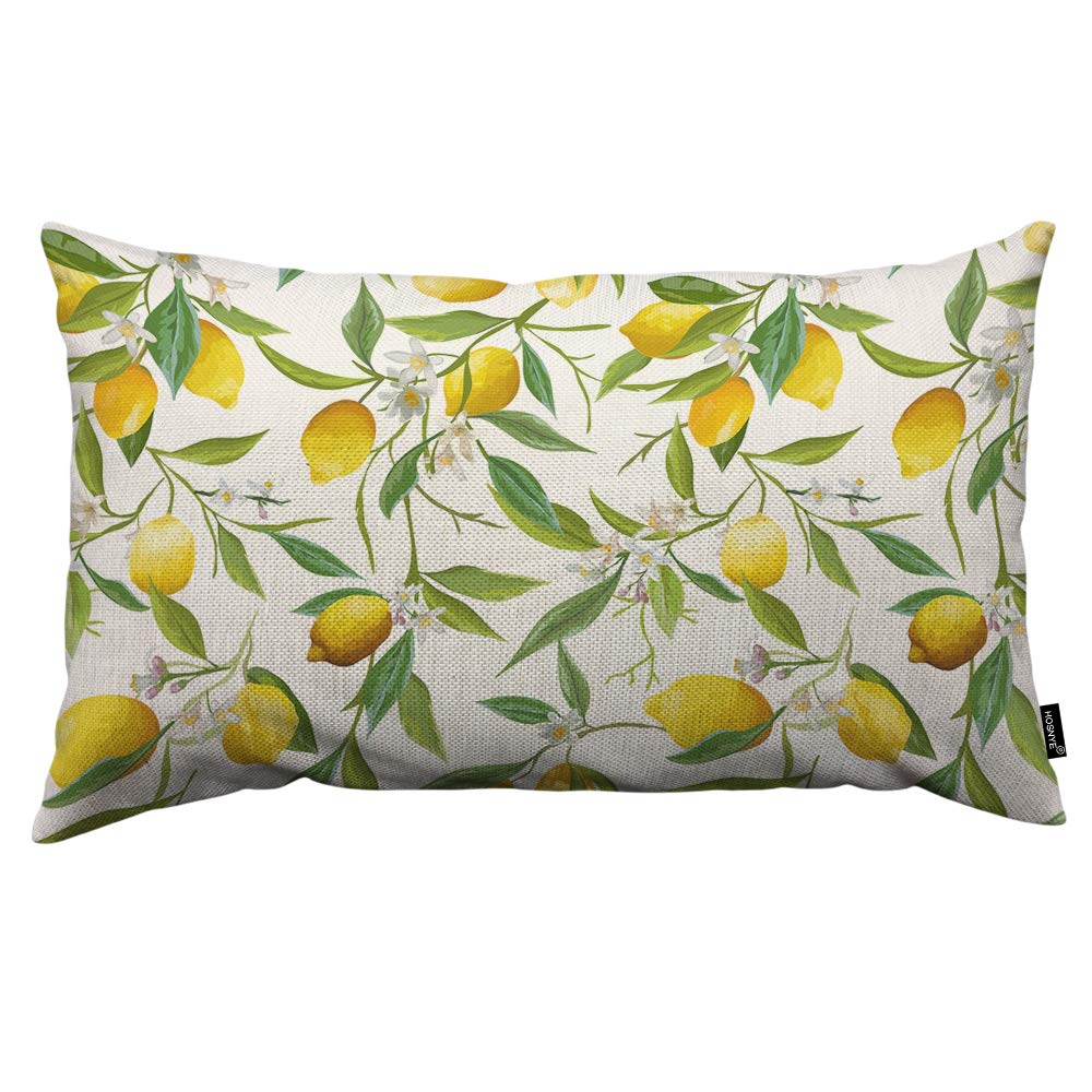 HOSNYE Lemon Throw Pillow Cover Fruits and Leaves Floral Linen Fabric for Couch Bed Sofa Car Waist Cushion Cover 12 x 20 inch Pillow Case